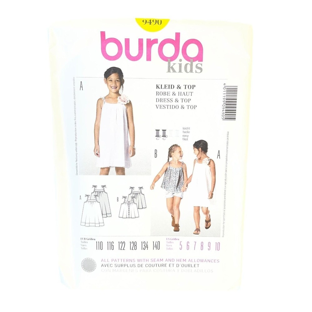 Burda Kids Sewing Pattern 9490 Girls Size 5-10 Dress Top Strappy Sleeveless Easy